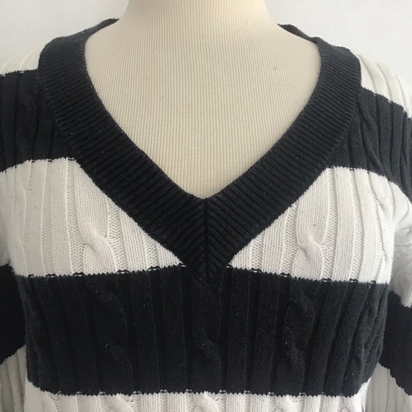 Chaps 100% Cotton Cableknit Black and White Broad Striped V-Neck Sweater Medium - Picture 2 of 8